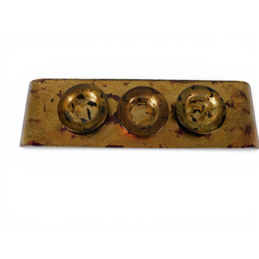 Gold Fused Glass Triple Tea Light Candle Holder Set Tray Unmarked Home Decor