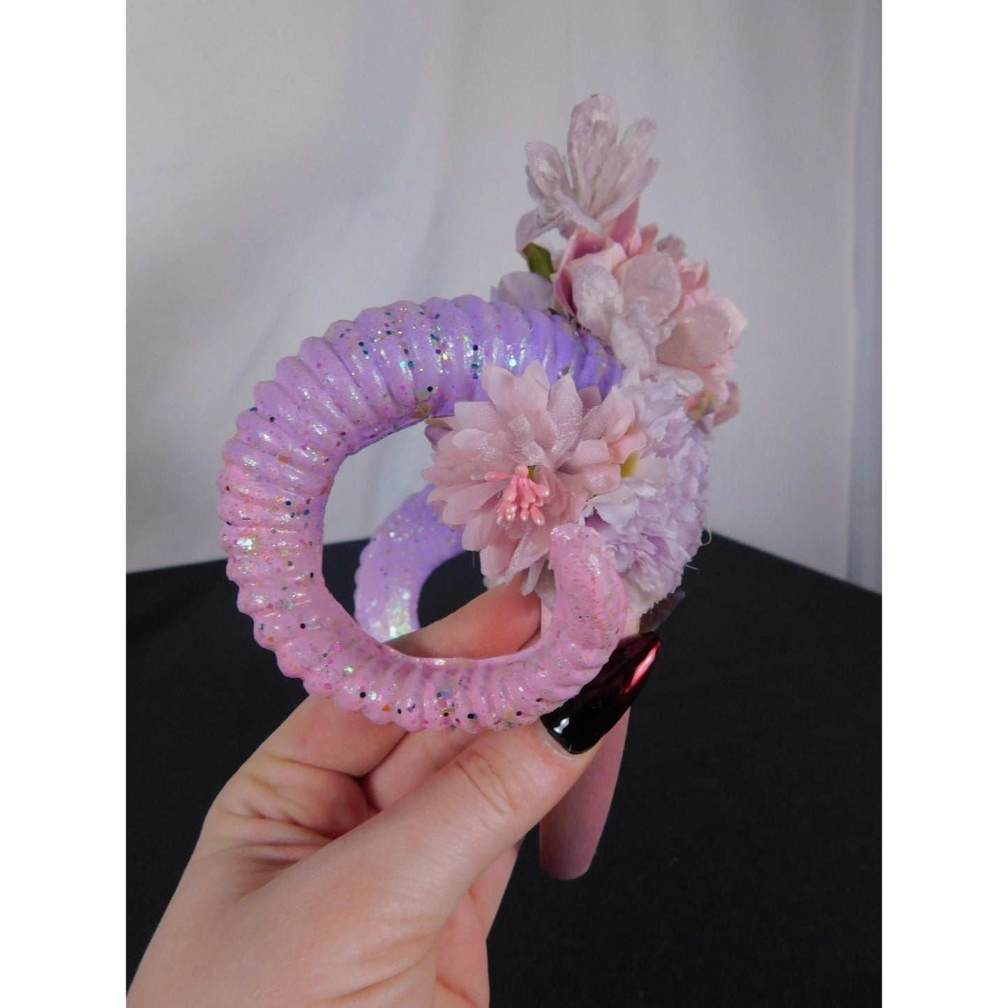 Ram Horns Floral Headband Purple Pink Glitter Witchy