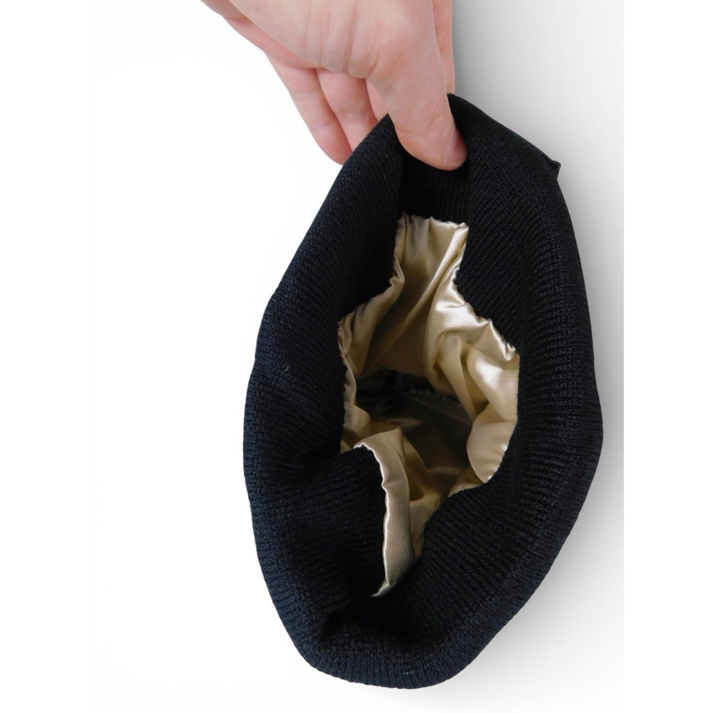 Crescent Moon Beanie Hat Womens One Size Black Satin Lined Knit Warm Winter