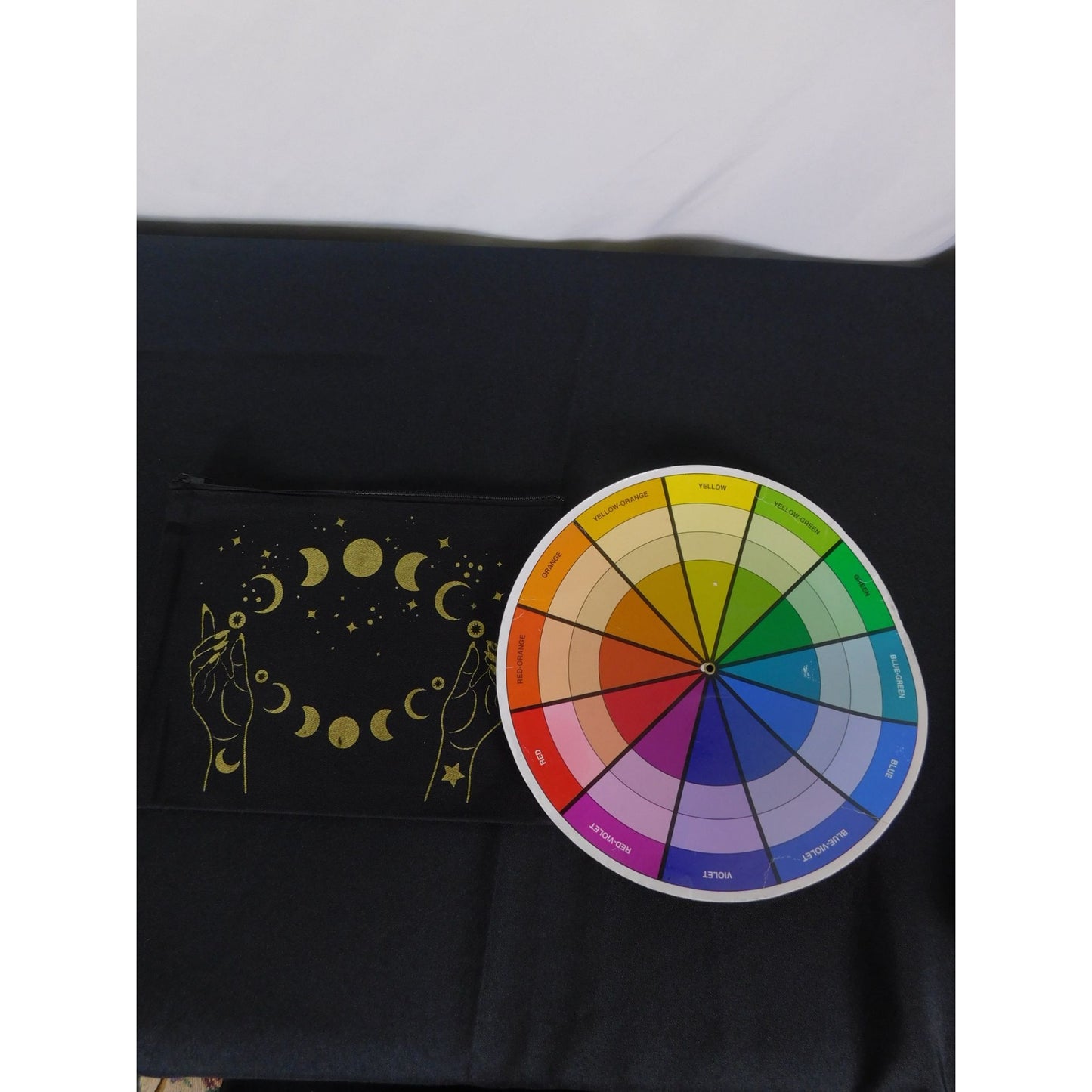 Moon Phase Black Canvas Zipper Pouch 9"x7" Mystical Hand Celestial