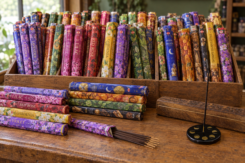 Stocked incense shop display