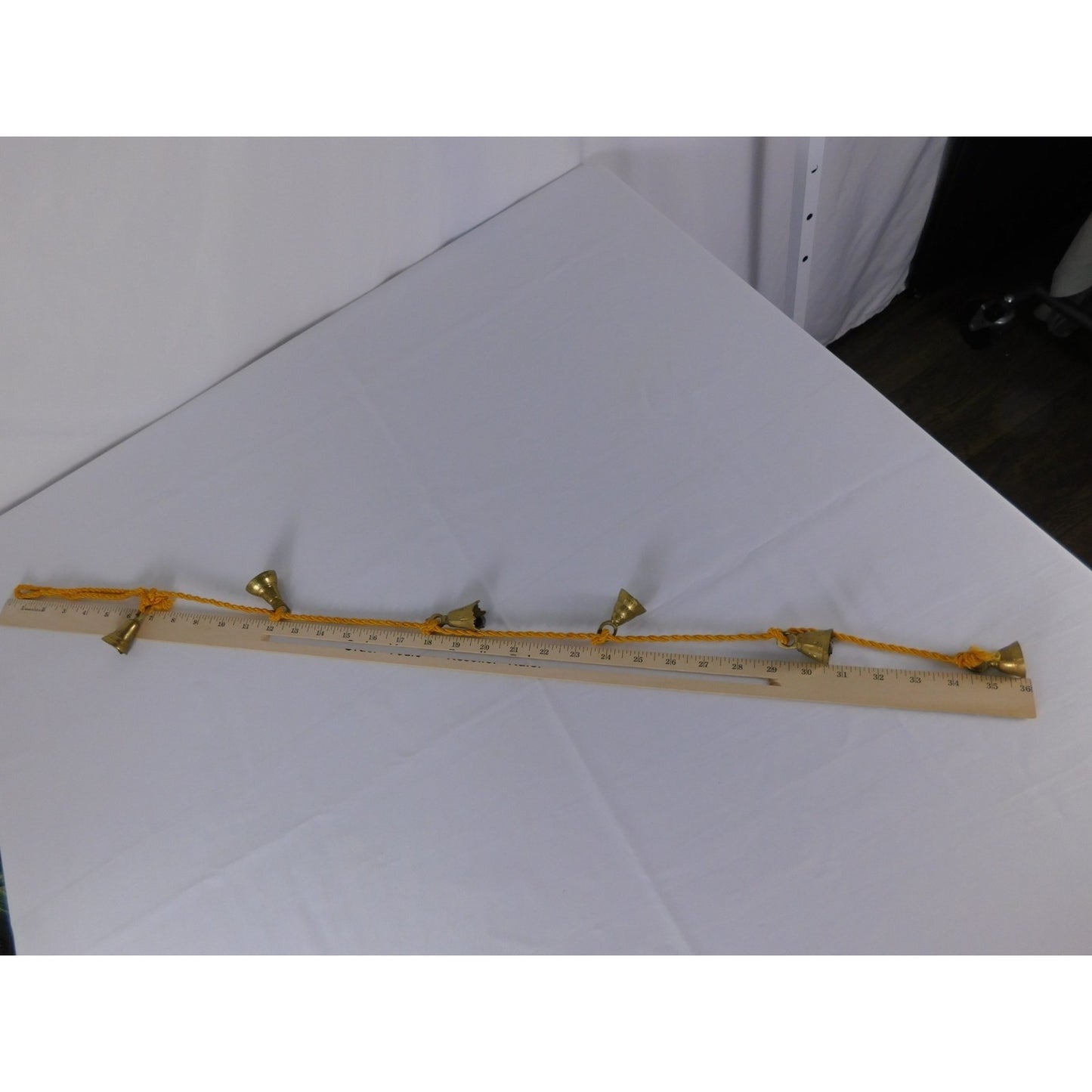 Brass Hanging Bell Garland Yellow Cord Rustic Boho Door Wall Chime Decor