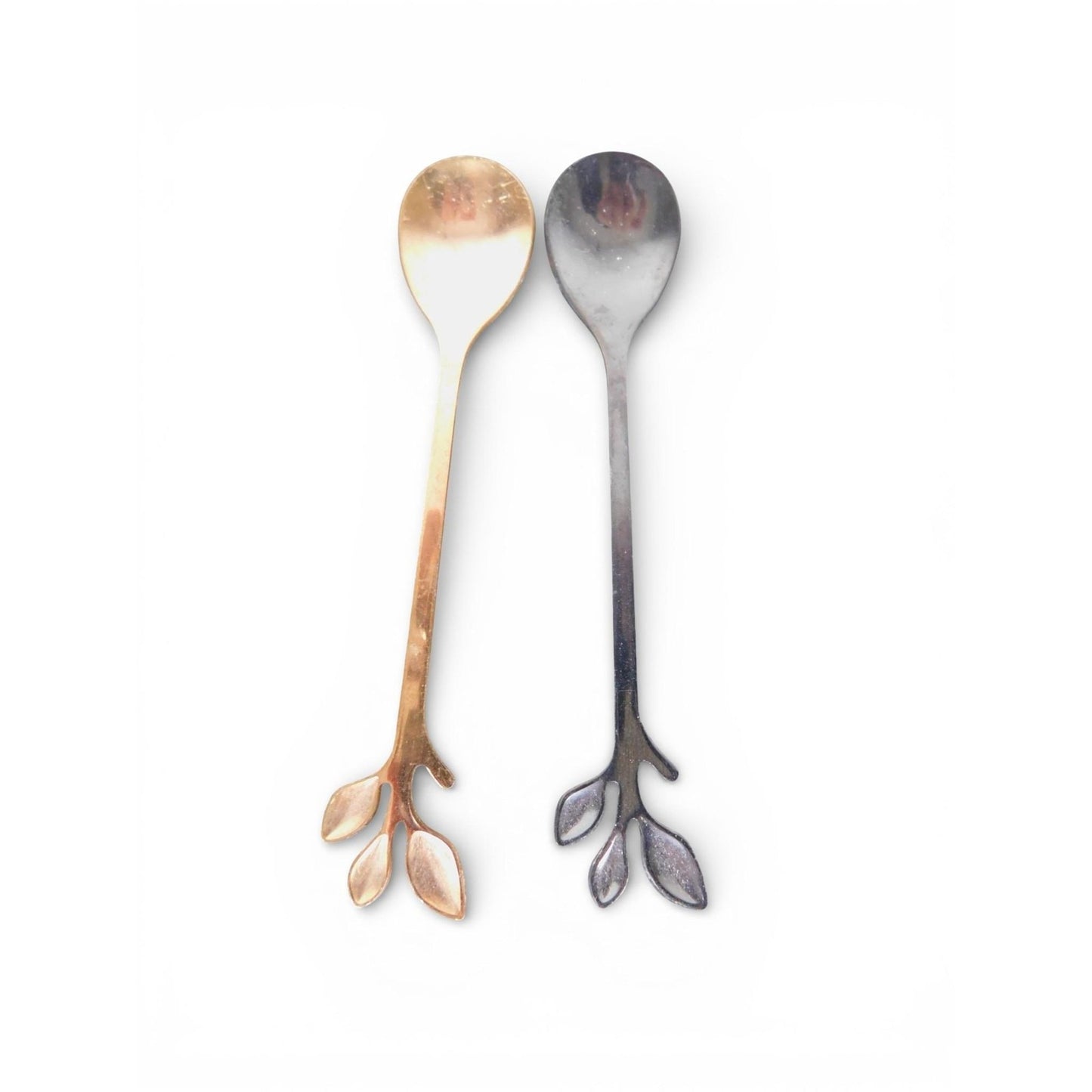 Pair Gold Silver Leaf Handle Spoons Stainless Steel Gold Plated Flatware Modern