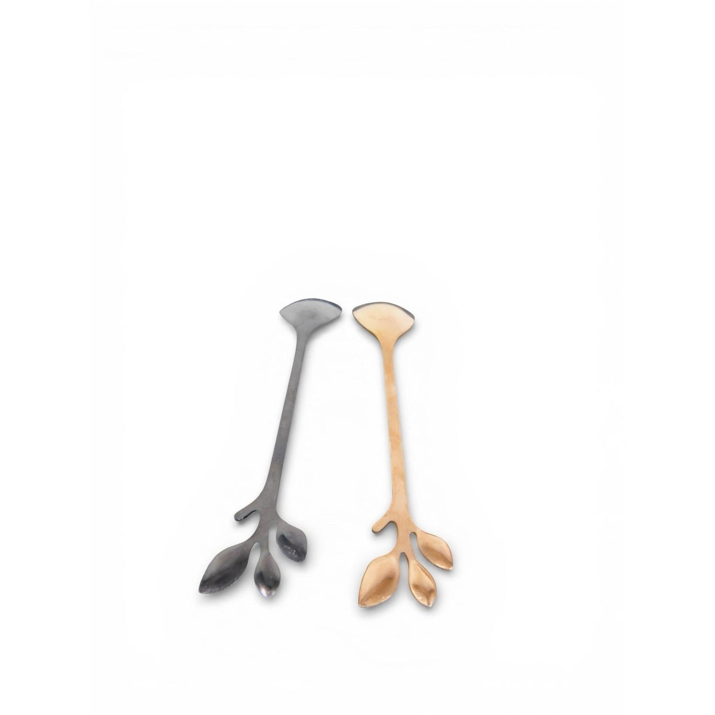 Pair Gold Silver Leaf Handle Spoons Stainless Steel Gold Plated Flatware Modern