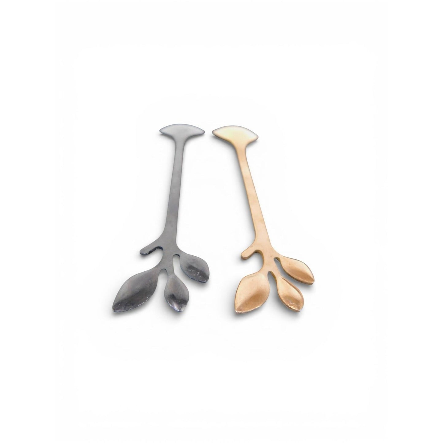 Pair Gold Silver Leaf Handle Spoons Stainless Steel Gold Plated Flatware Modern