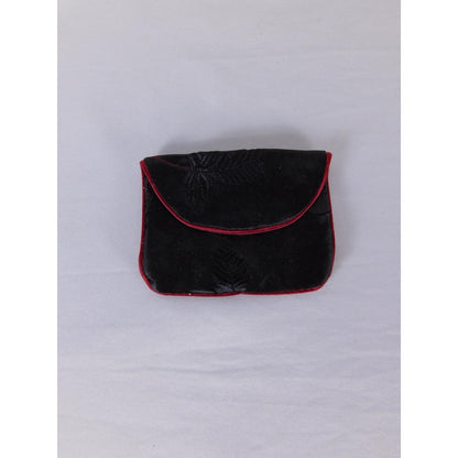 Coin Wallet Purse Womens One Size Compact Black Velvet Floral Pouch Red Trim