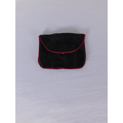 Coin Wallet Purse Womens One Size Compact Black Velvet Floral Pouch Red Trim