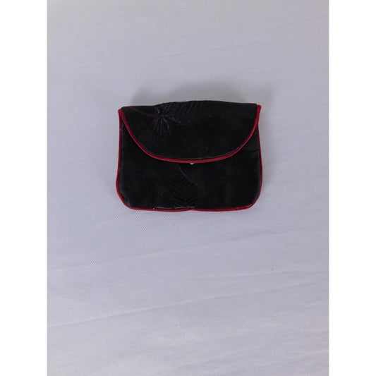 Coin Wallet Purse Womens One Size Compact Black Velvet Floral Pouch Red Trim