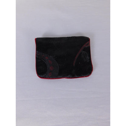 Coin Wallet Purse Womens One Size Compact Black Velvet Floral Pouch Red Trim