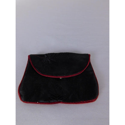 Coin Wallet Purse Womens One Size Compact Black Velvet Floral Pouch Red Trim