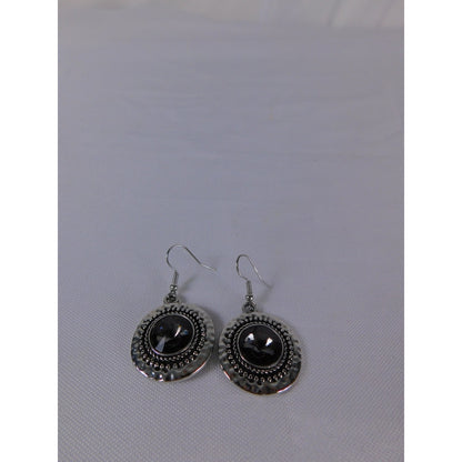 Boho Dangle Earrings Silver Tone Faceted Black Stone Statement Beaded Pierced Wo