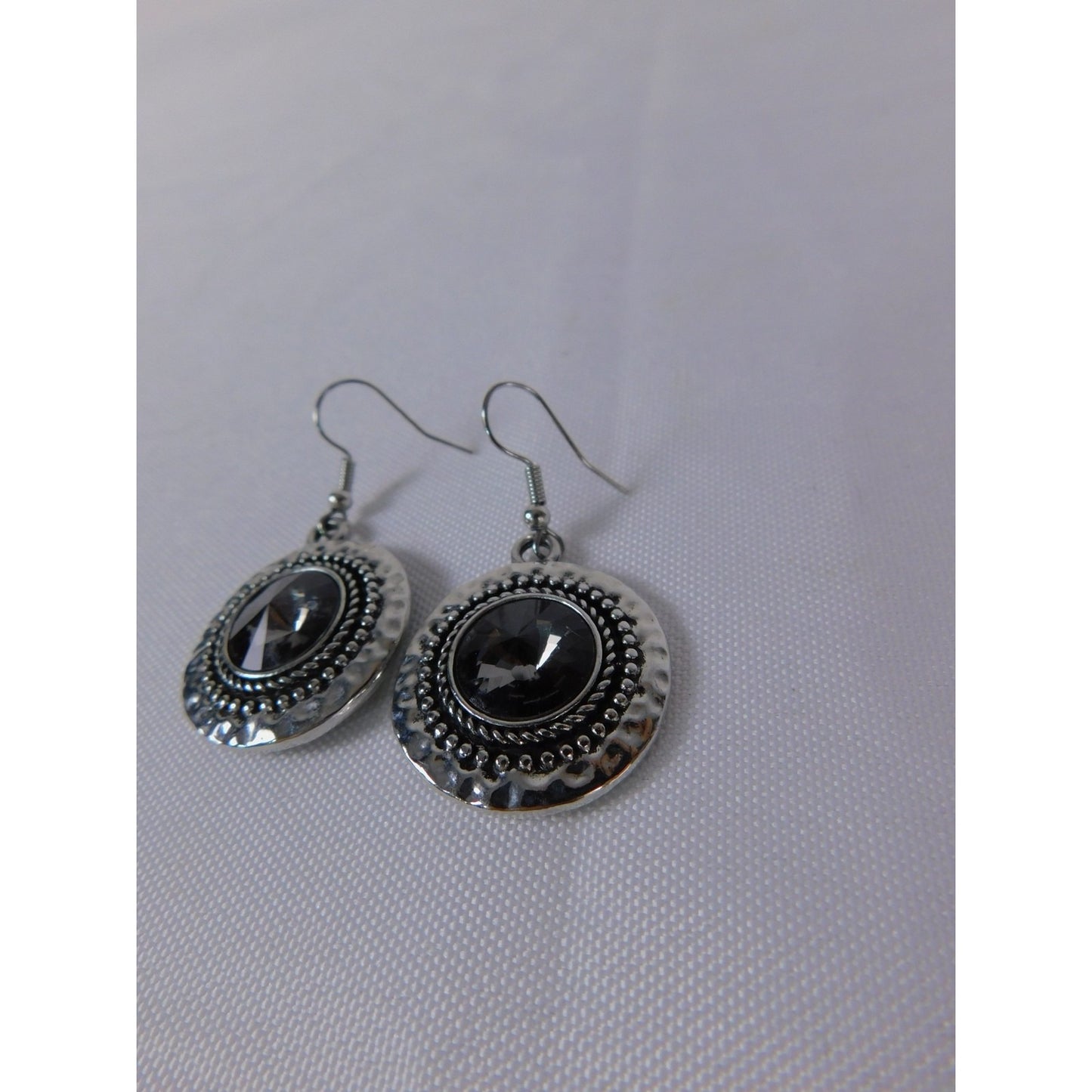 Boho Dangle Earrings Silver Tone Faceted Black Stone Statement Beaded Pierced Wo