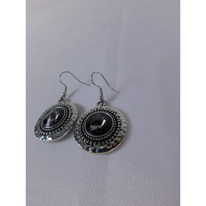 Boho Dangle Earrings Silver Tone Faceted Black Stone Statement Beaded Pierced Wo
