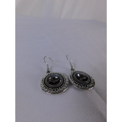 Boho Dangle Earrings Silver Tone Faceted Black Stone Statement Beaded Pierced Wo