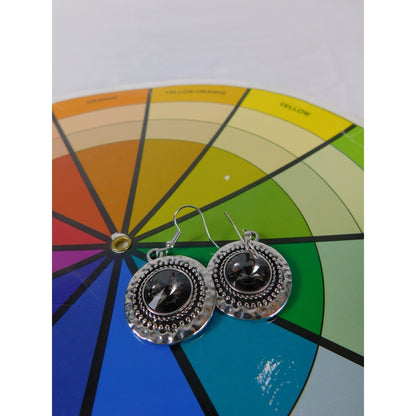 Boho Dangle Earrings Silver Tone Faceted Black Stone Statement Beaded Pierced Wo