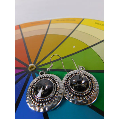 Boho Dangle Earrings Silver Tone Faceted Black Stone Statement Beaded Pierced Wo