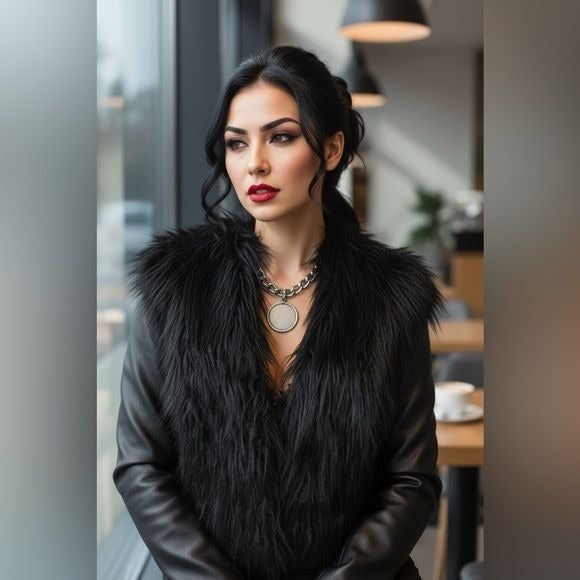 Libby Edelman Black Faux Fur Jacket S - Shaggy Leather Look - New