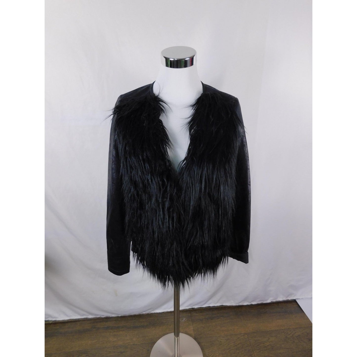 Libby Edelman Black Faux Fur Jacket S - Shaggy Leather Look - New