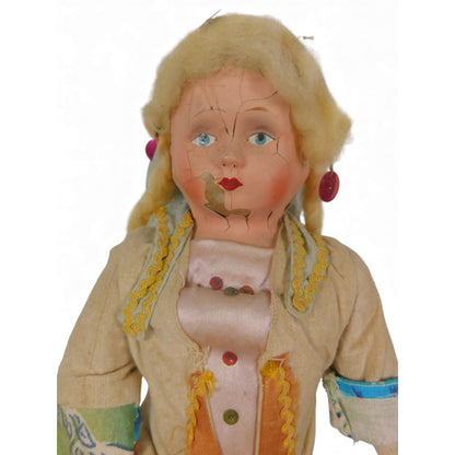 Antique Painted Face Cloth Doll 22" - As-Is Folk Art Poppet - Good