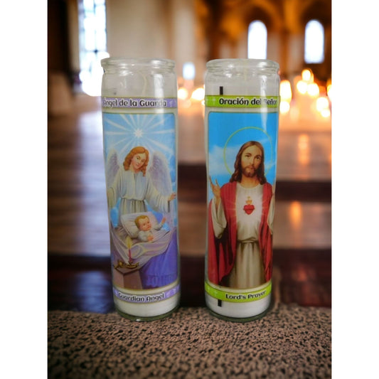 Lords Prayer Jesus Guardian Angel 2 pk Religious Devotional Prayer Candles Glass