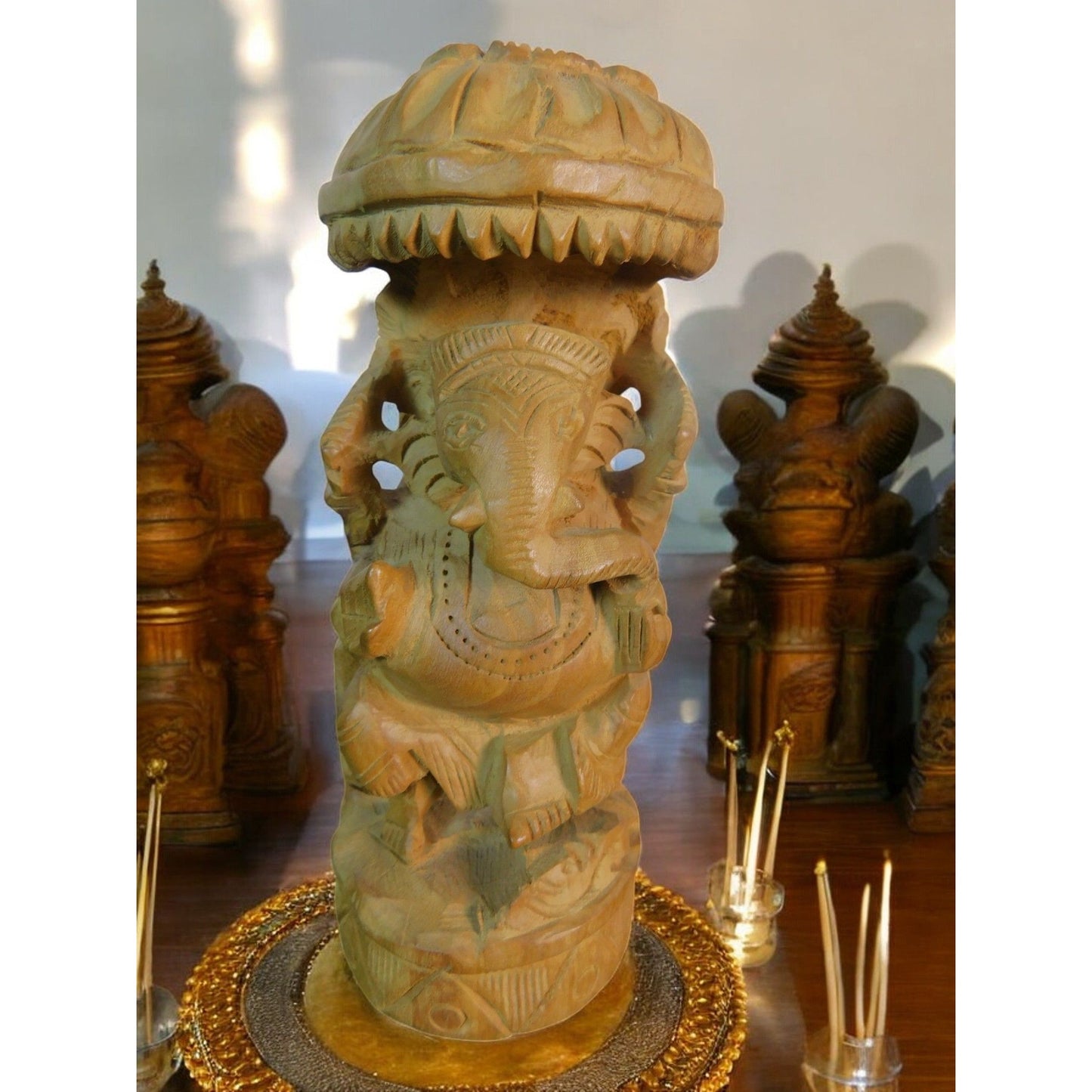 Vintage Hand-Carved Wood Ganesh Idol Elephant God Statue with Umbrella 6.25"