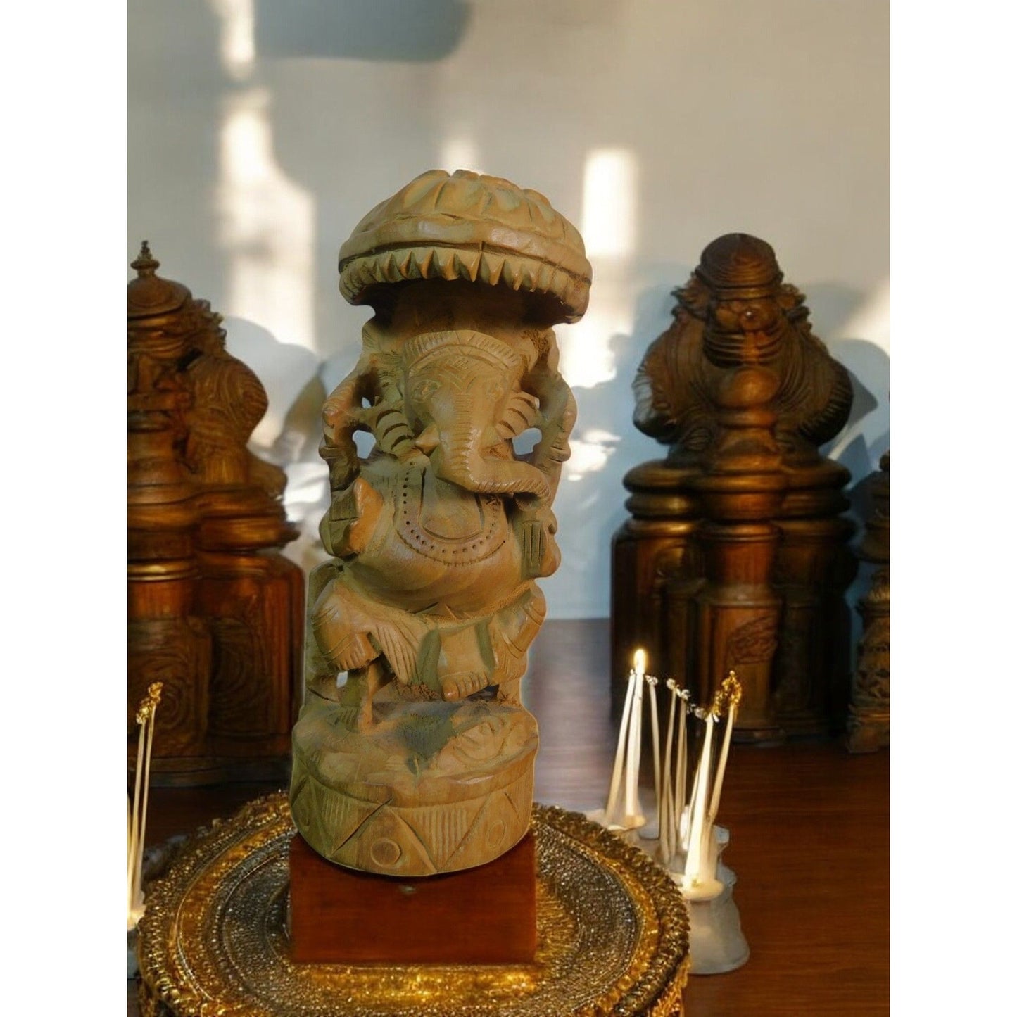 Vintage Hand-Carved Wood Ganesh Idol Elephant God Statue with Umbrella 6.25"
