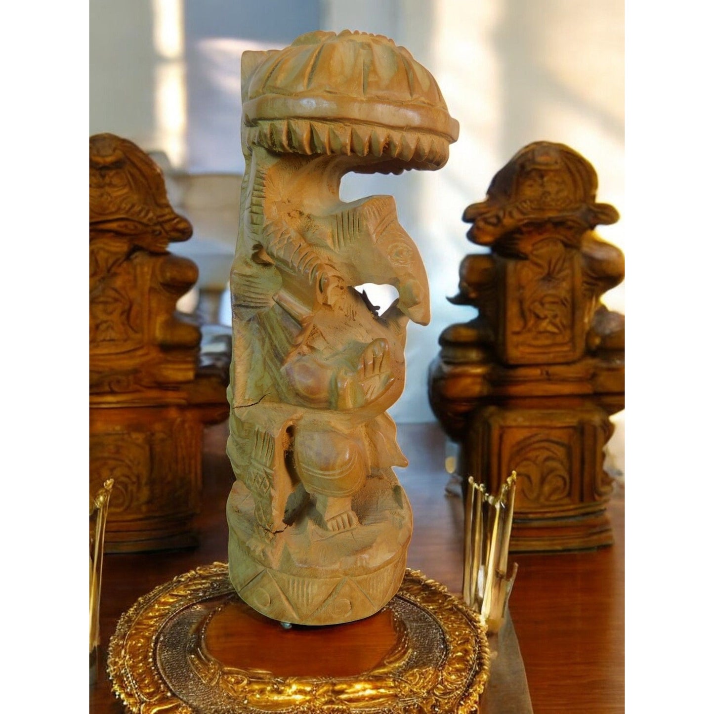 Vintage Hand-Carved Wood Ganesh Idol Elephant God Statue with Umbrella 6.25"