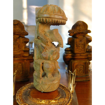 Vintage Hand-Carved Wood Ganesh Idol Elephant God Statue with Umbrella 6.25"