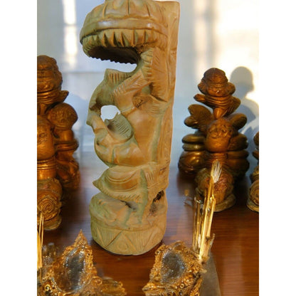 Vintage Hand-Carved Wood Ganesh Idol Elephant God Statue with Umbrella 6.25"