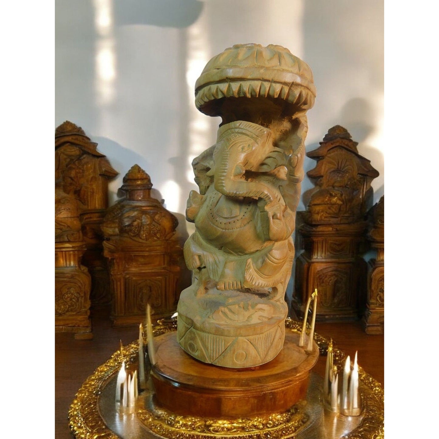 Vintage Hand-Carved Wood Ganesh Idol Elephant God Statue with Umbrella 6.25"