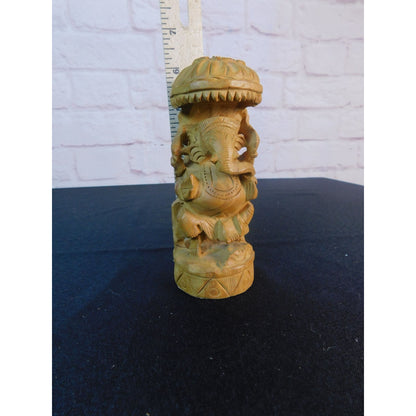 Vintage Hand-Carved Wood Ganesh Idol Elephant God Statue with Umbrella 6.25"