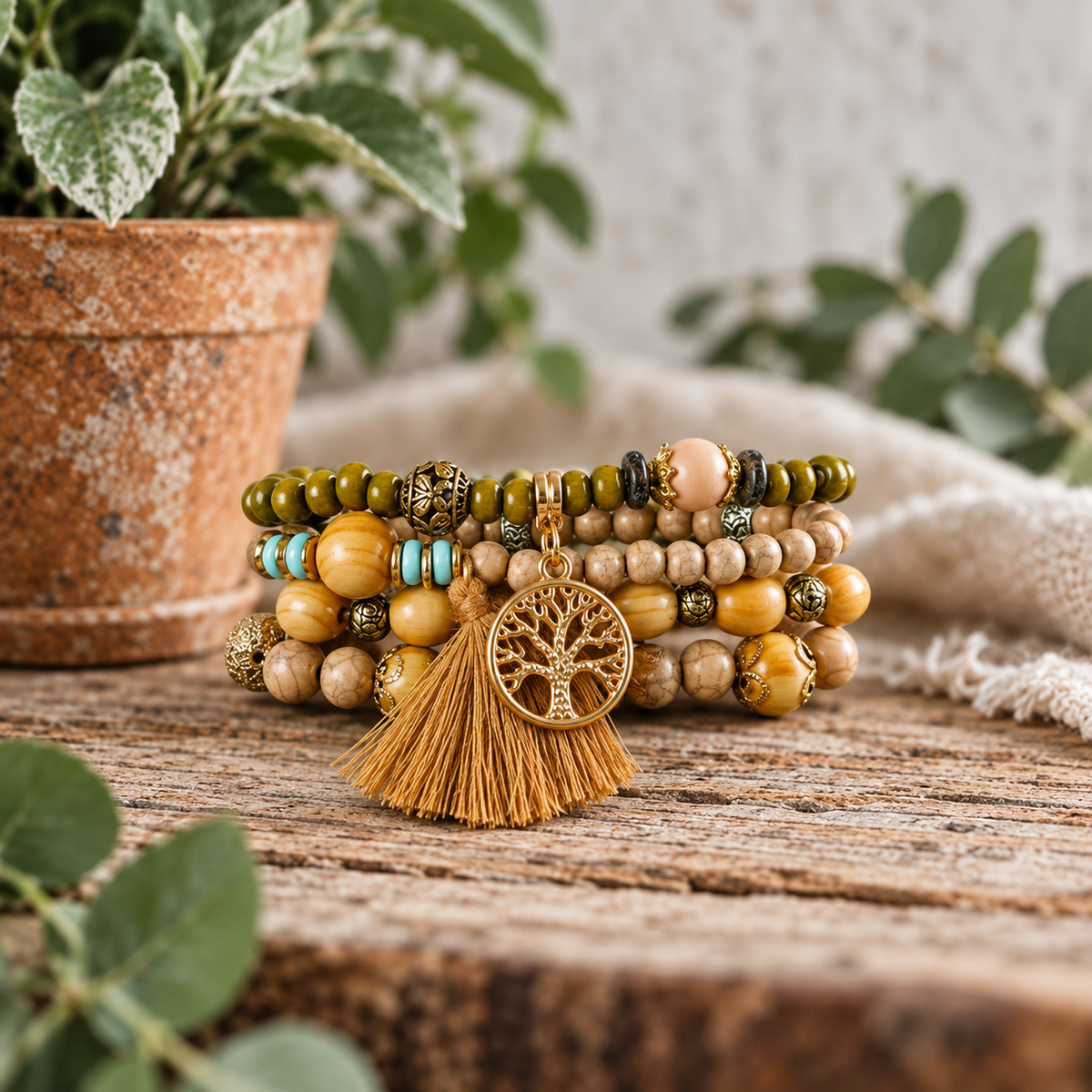 Boho Tree of Life Beaded Bracelet Set Earth Tone Stretch Bracelets with Tassel