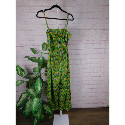 Peacock Feather Print Jumpsuit XS, Boho Festival Style, Adjustable Straps