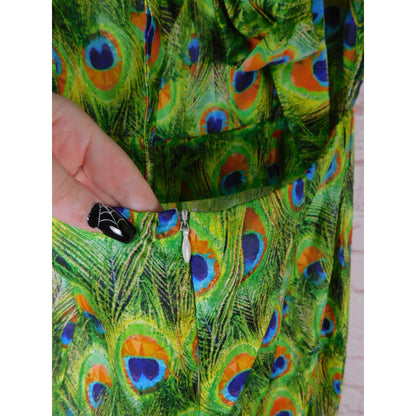 Peacock Feather Print Jumpsuit XS, Boho Festival Style, Adjustable Straps