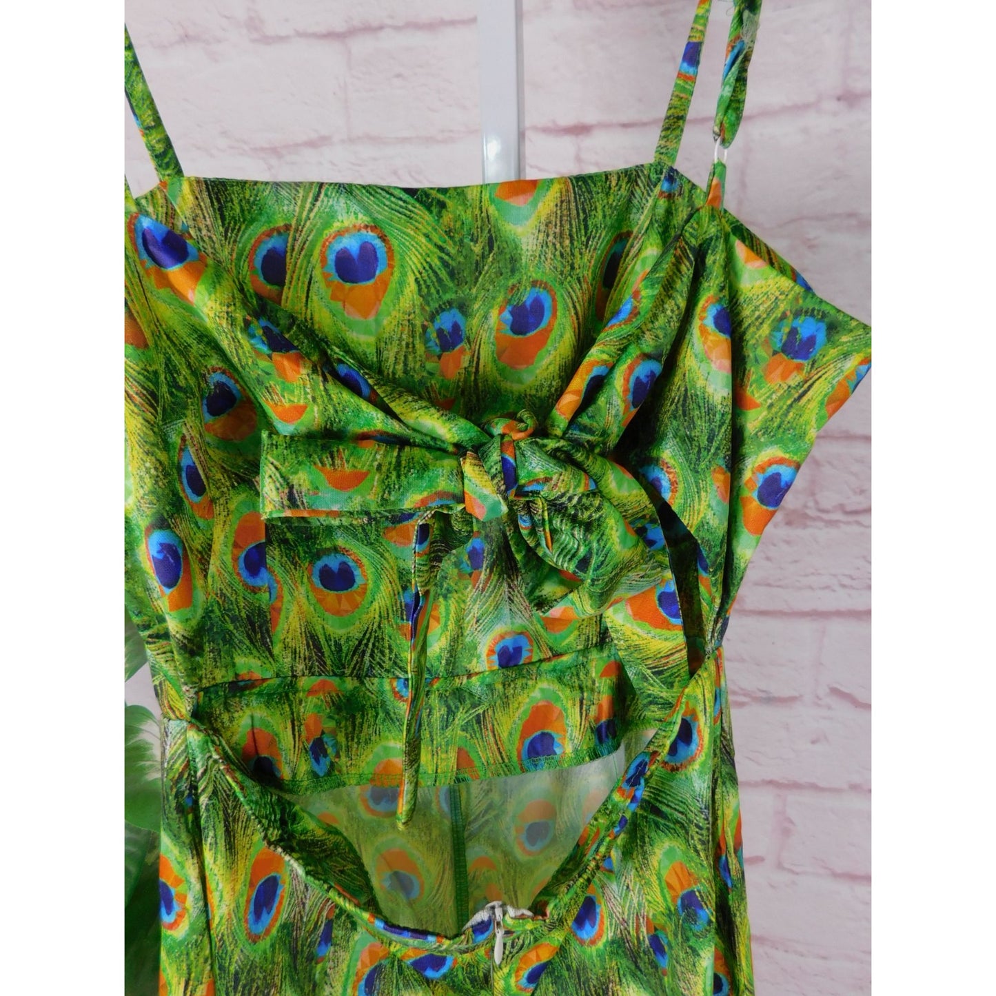 Peacock Feather Print Jumpsuit XS, Boho Festival Style, Adjustable Straps