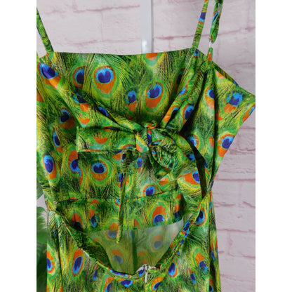 Peacock Feather Print Jumpsuit XS, Boho Festival Style, Adjustable Straps