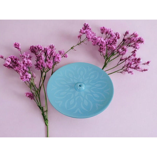 Porte-encens en céramique floral bleu 4" Décoration d'intérieur