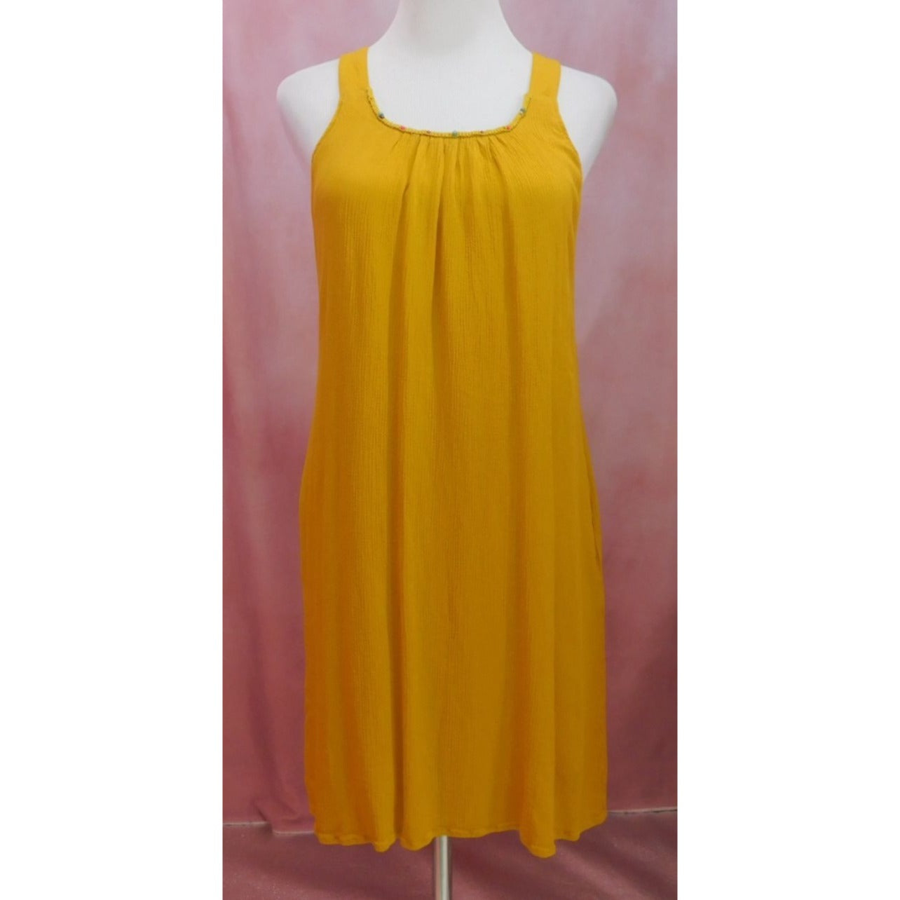 Cupio XS Mustard Yellow Boho Midi Dress Beaded Neckline Sleeveless