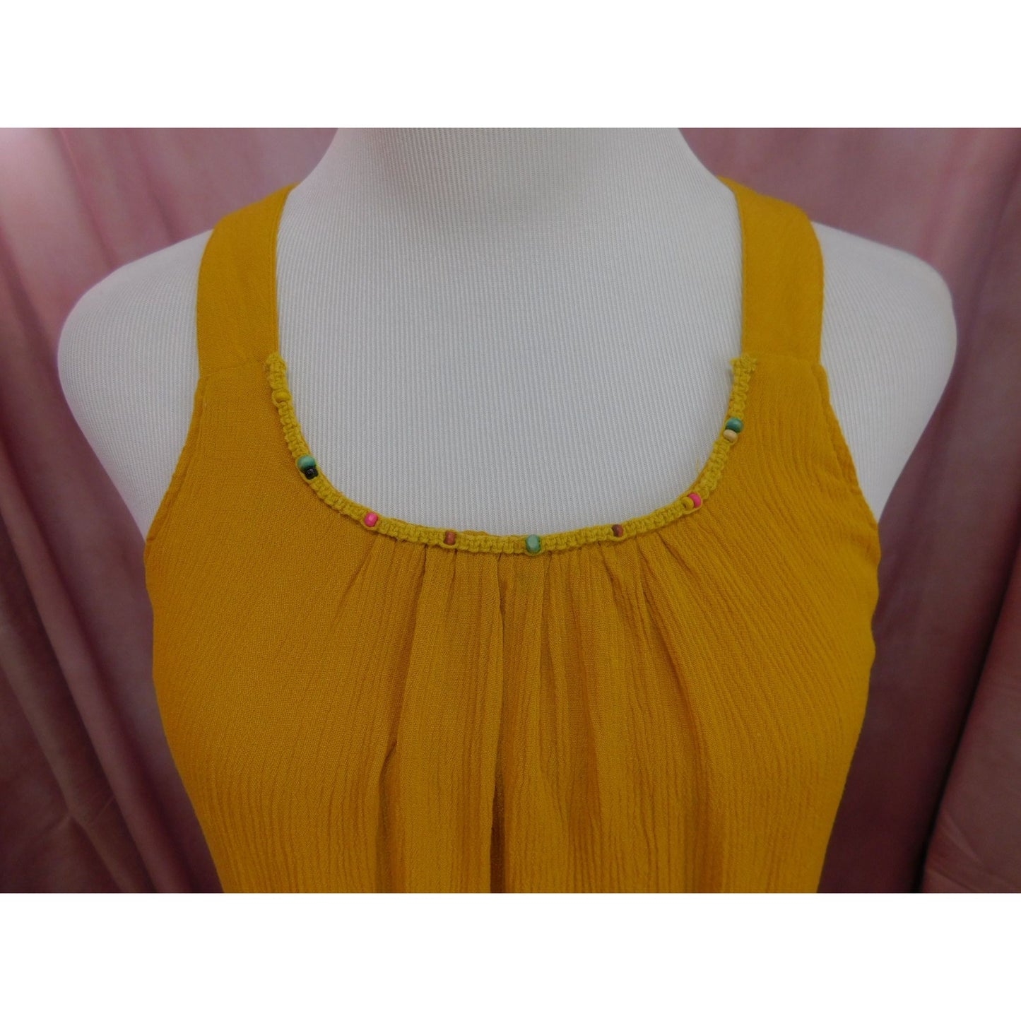 Cupio XS Mustard Yellow Boho Midi Dress Beaded Neckline Sleeveless