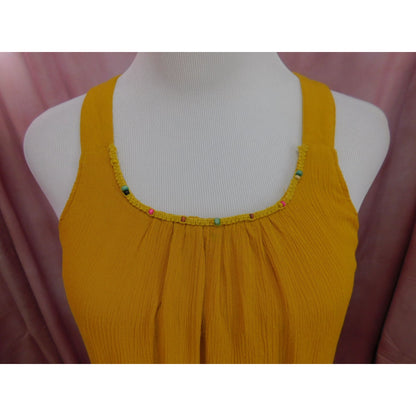 Cupio XS Mustard Yellow Boho Midi Dress Beaded Neckline Sleeveless