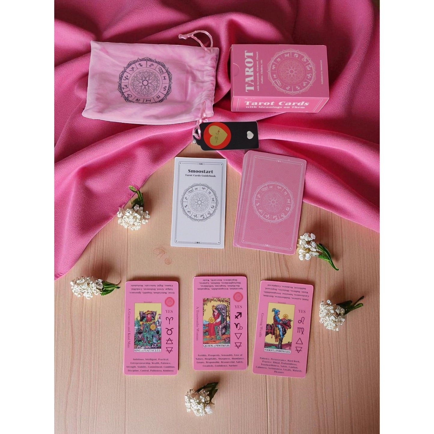 Smoostart Pink Tarot Cards w/ Meanings Guidebook Zodiac Set