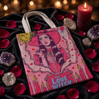 Love Witch tote bag with witch illustration on black velvet background with rose petals and crystals