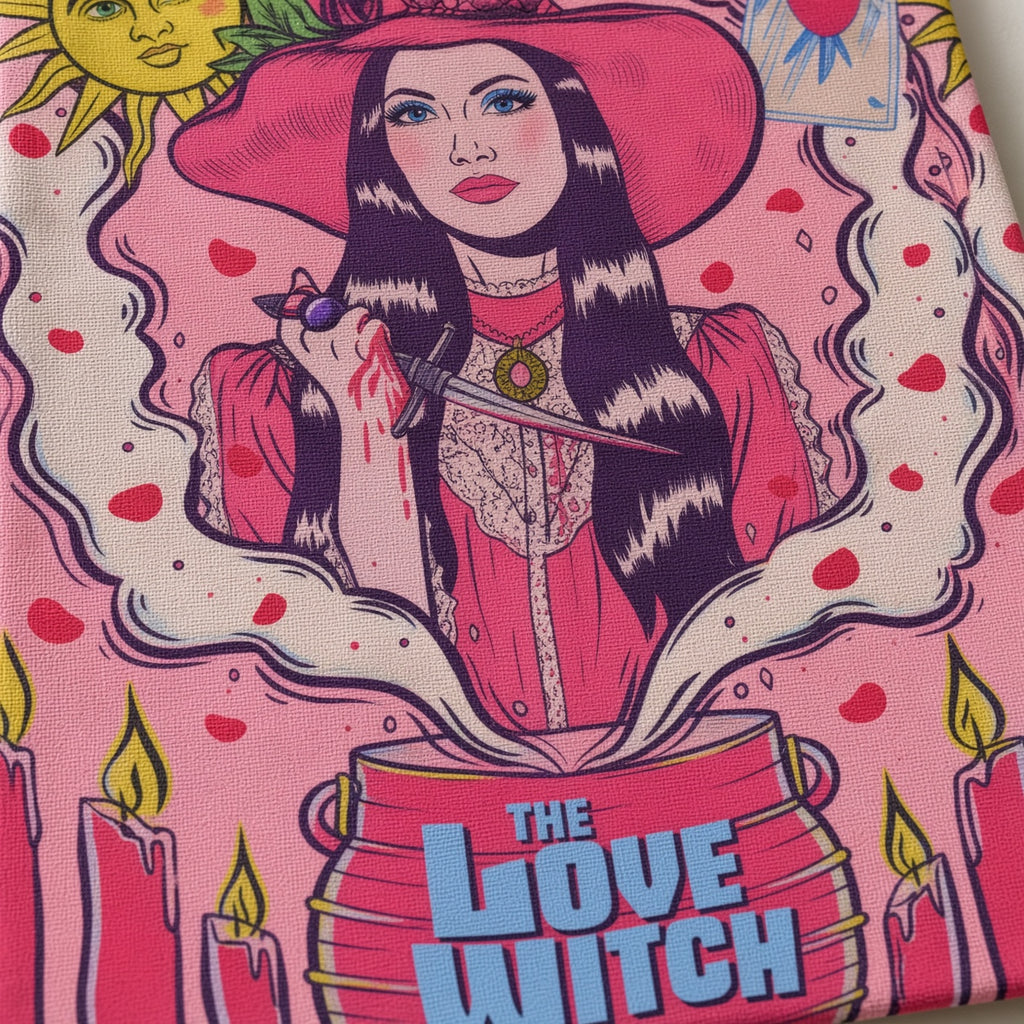 Love Witch tote bag featuring a woman in a pink hat holding a dagger over a steaming cauldron with candles