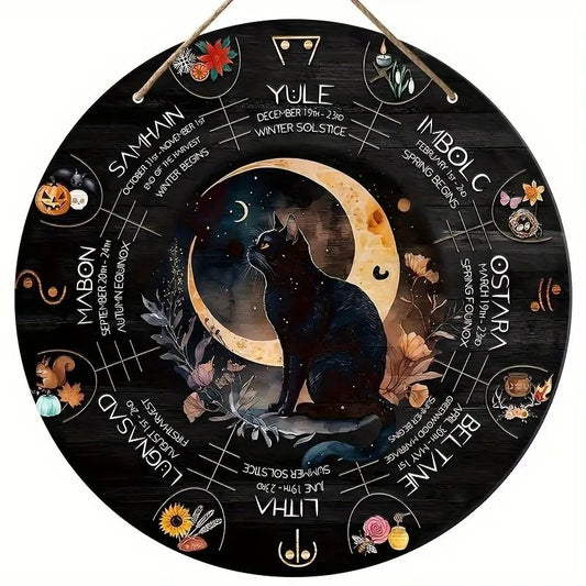 Wheel of the Year Wall Art 8" Black Cat Pagan Wiccan Decor Witchcraft