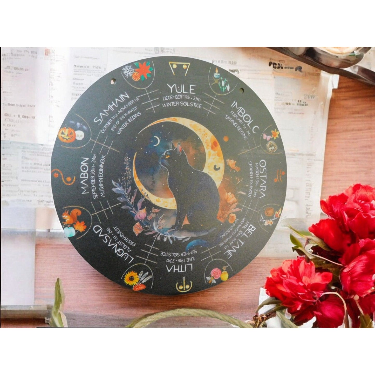 Wheel of the Year Wall Art 8" Black Cat Pagan Wiccan Decor Witchcraft