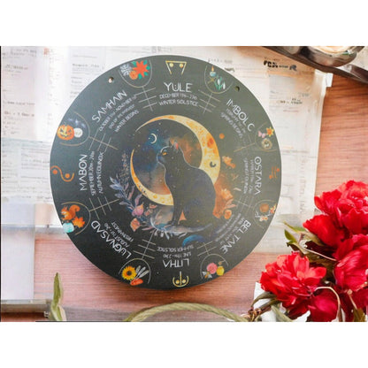 Wheel of the Year Wall Art 8" Black Cat Pagan Wiccan Decor Witchcraft