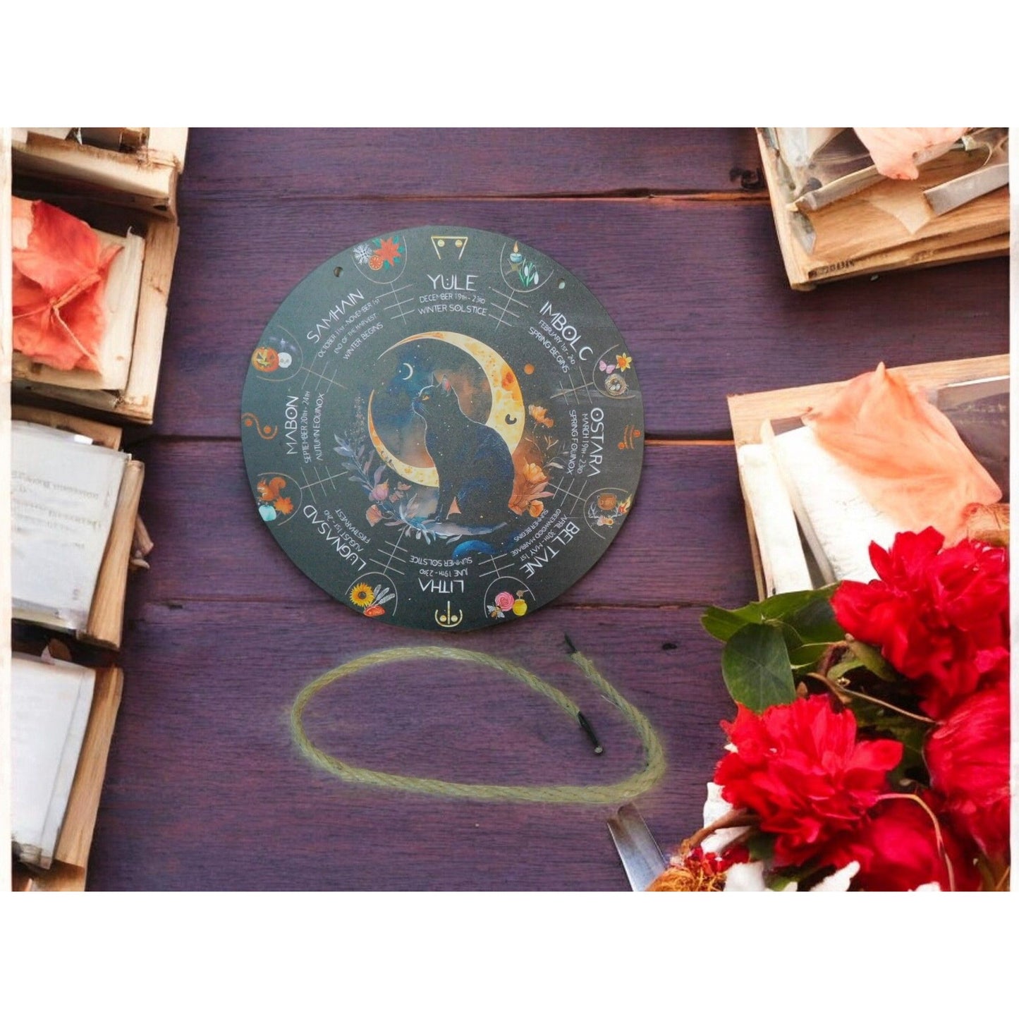 Wheel of the Year Wall Art 8" Black Cat Pagan Wiccan Decor Witchcraft