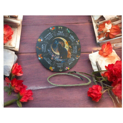 Wheel of the Year Wall Art 8" Black Cat Pagan Wiccan Decor Witchcraft