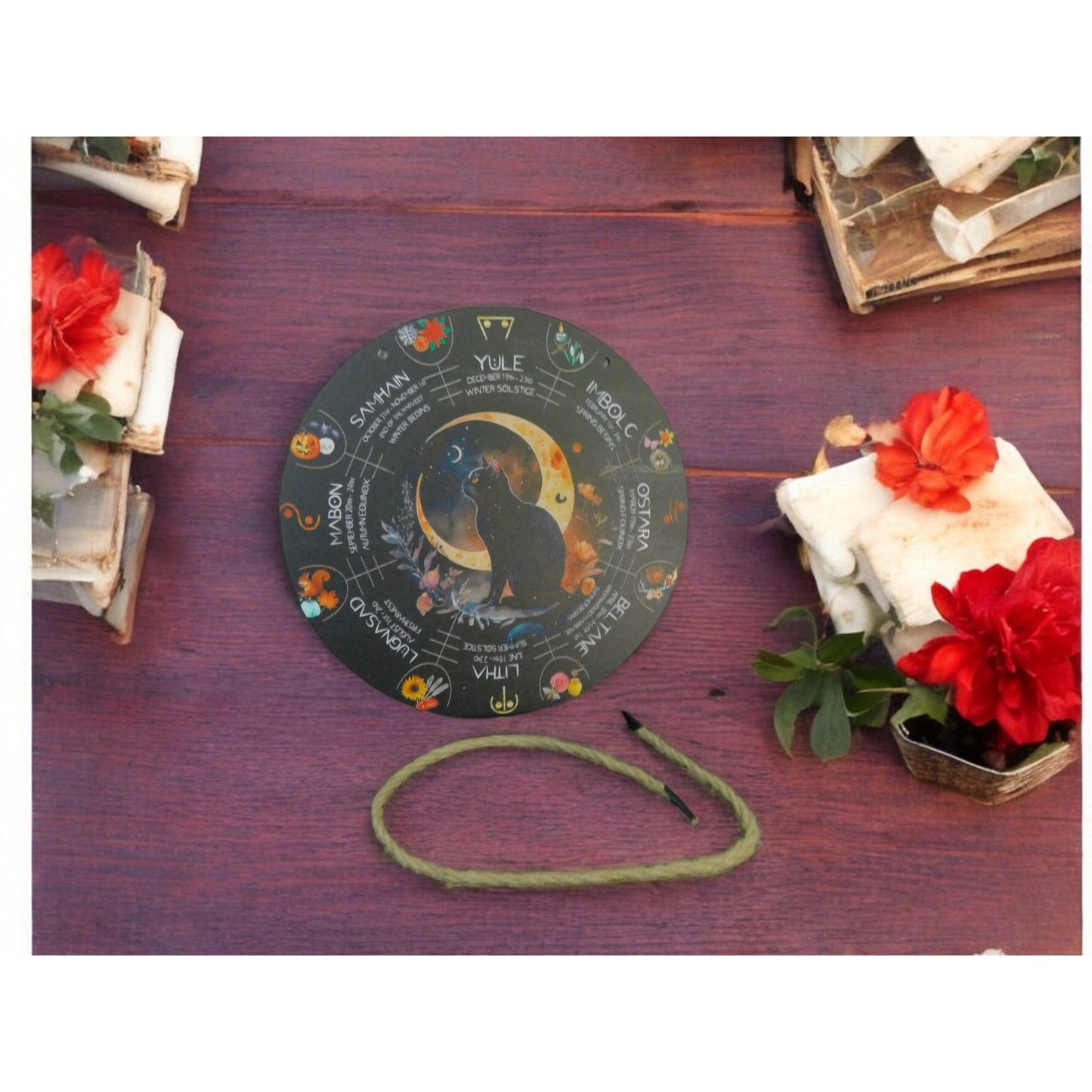 Wheel of the Year Wall Art 8" Black Cat Pagan Wiccan Decor Witchcraft