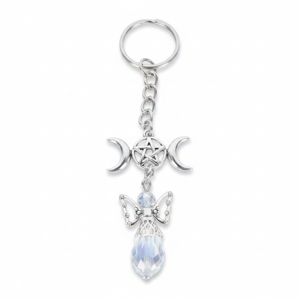 Triple Moon Pentacle Angel Keychain 4.5" - New - Witchcore Ethereal